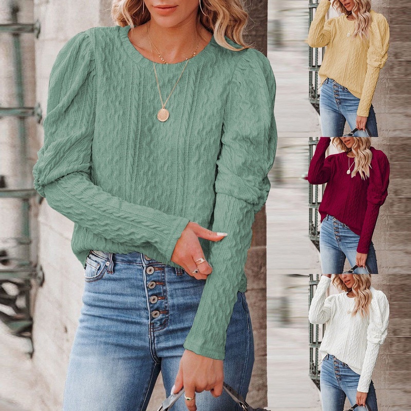 Custom Autumn Ladies Sweater Fashion Solid Color Jacquard Round Neck Lamb Leg Sleeve Knitted Round Neck Pullover Sweater – Hoodies and Sweater price|S