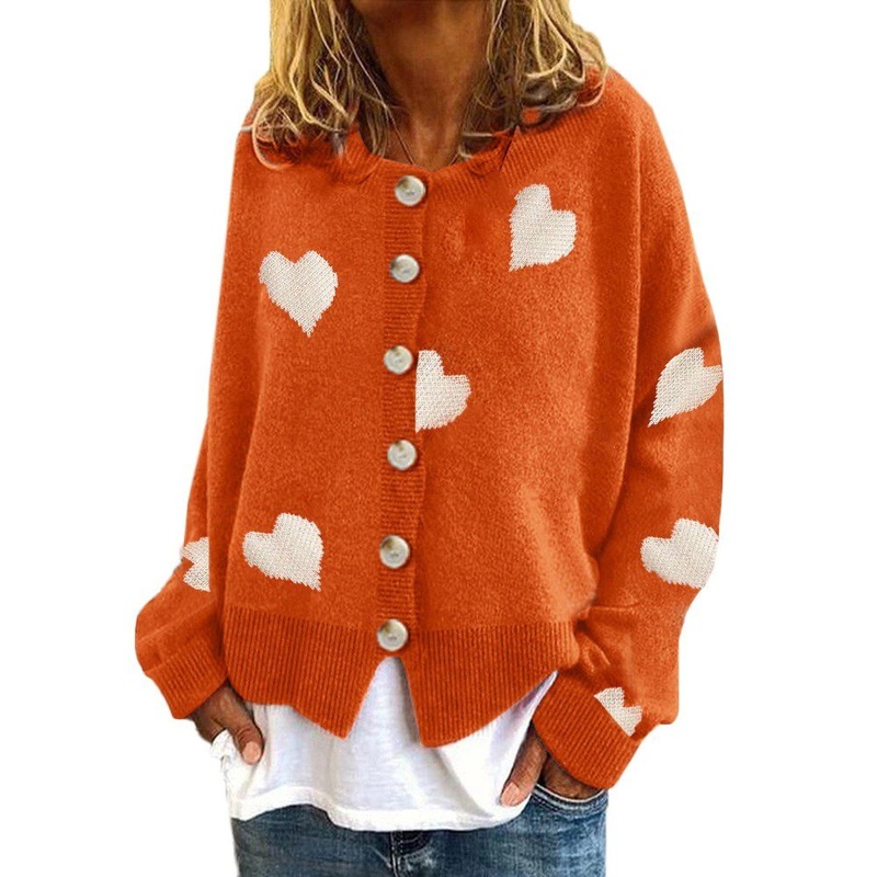 Factory Custom Orange Round Neck Heart Print Cardigan for Ladies – Heart Print Cardigan and Cardigan for Ladies price|L, S, M, L, XL, XXL, 3XL