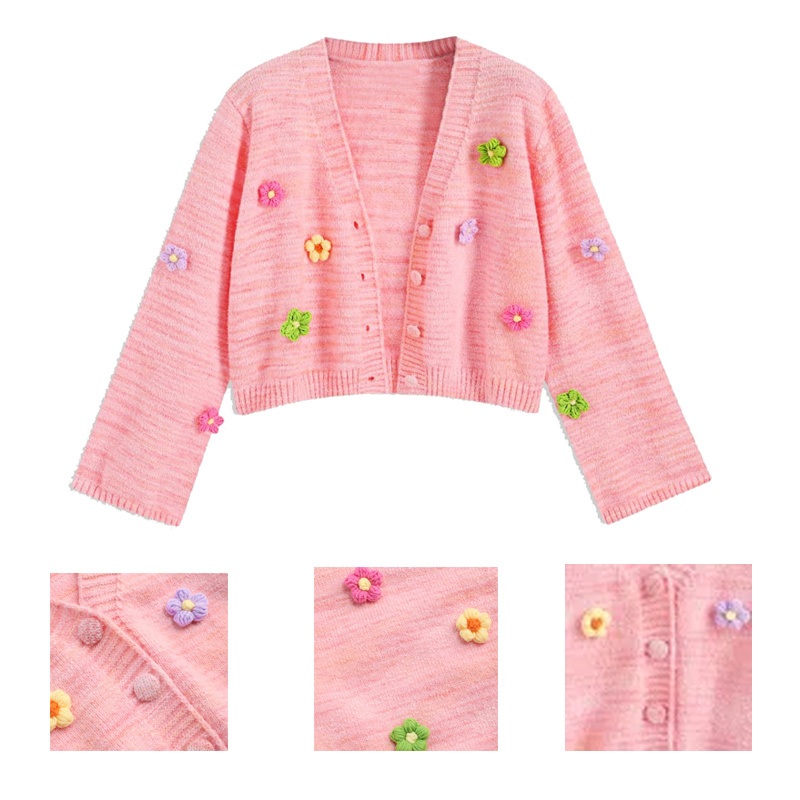Logo Custom Casual Knit Ladies Pink Buttons Irregular Stripes Floral Embroidery Plain Knitted Women Cardigan Sweater – Knit Cardigan and Beige Sweater price|S, Customized