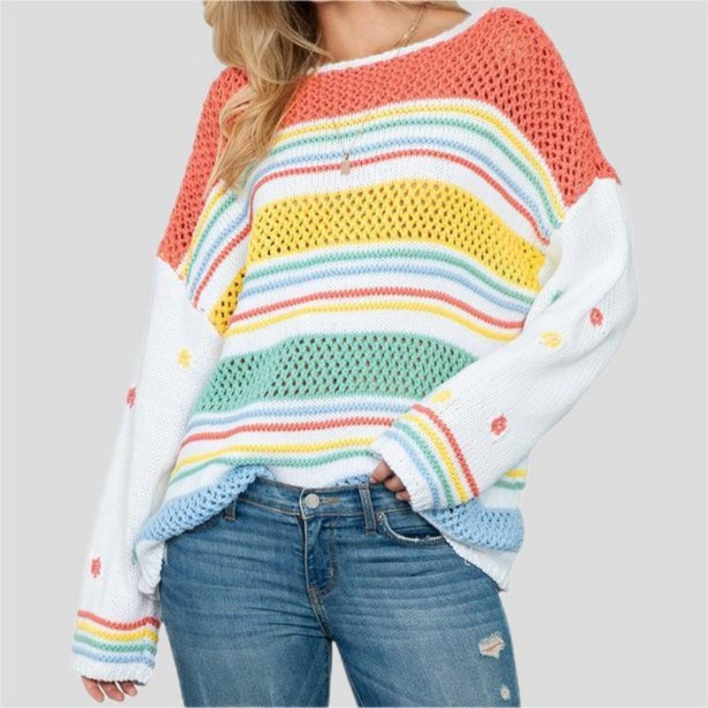 Stylish White Knit Pullover with Longer Sleeves for Women – Ladies Sweater and Striped Sweater price|S, S/M/L/Customized Size