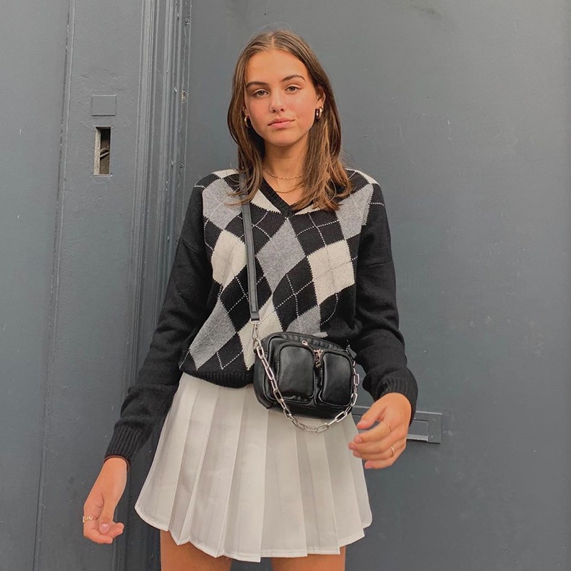 V-Neck Fashion Girl Blouse Winter Luxury Long Plaid Women Knitwear Sweater – Women Clothes and Clothing price|S