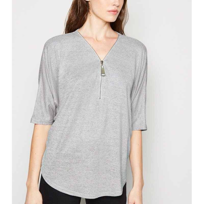 Women Fashion Pale Grey Batwing Sleeve Zip Neck Top Sweater – Dress and Clothes price|S
