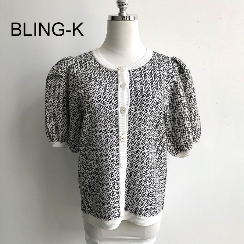 Crew Neck Monogram Pattern Cardigan Sweater with Buttons Fashion Top Women Clothing – Women Clothing and Cardigan Sweater price|S