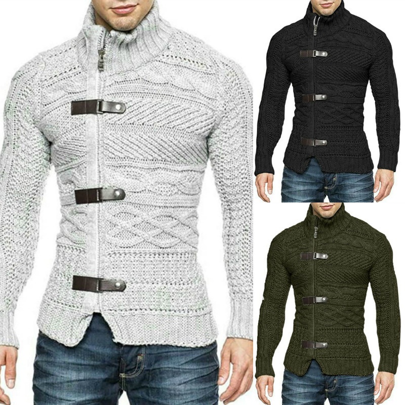 Custom Autumn/Winter 2023 European and American Turtleneck Sweater Mens Leather Button Zip up Long-Sleeved Knit Plus-Size Cardigan Coat – Hoodies and Sweater price|S
