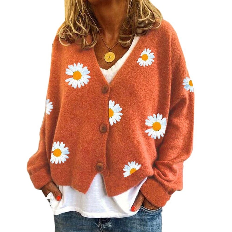 Elegant Ladies Orange Daisy Print Three Buttons V Neck Cardigan – V Neck Cardigan and Ladies Cardigan price|L, S, M, L, XL, XXL
