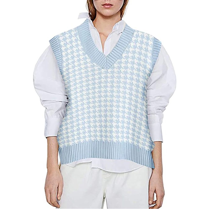 Factory Wholesale Fresh Light Blue Plaid Sweater Vest for Ladies – Custom Sweater Vest and Plus Size Sweaters Vest price|S, S, M, L, XL, XXL, Xxxl