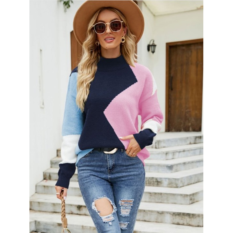 Fashion Color Blocked Long Sleeve Turtleneck Pull Over Sweater – Color Blocked Sweater and Turtleneck Pull Over Sweater price|S