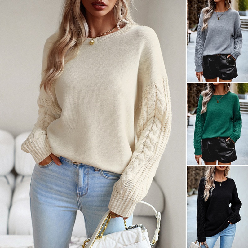 Round Neck Sweater Womens Autumn Winter Tops Long Sleeved Knitted Sweater – Sweater and Sweaters price|S