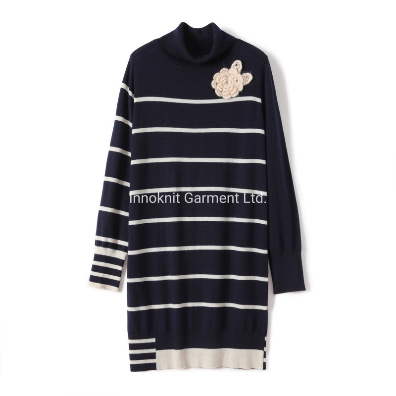 Sweaters Ladies Knitted Stripes Wool Cashmere Dress with Hand Crochet Flower Ak20847 – Sweater Dress price|S
