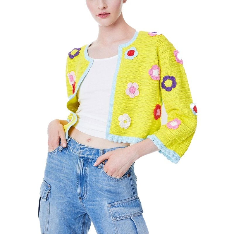 Vacation Style Hand Crocheted Flowers Women Knitwear Clashing Color Design Cardigan Women Solid Color Jacket Knitting Sweater – Ladies Sweater and Striped Sweater price|S, S/M/L/Customized Size