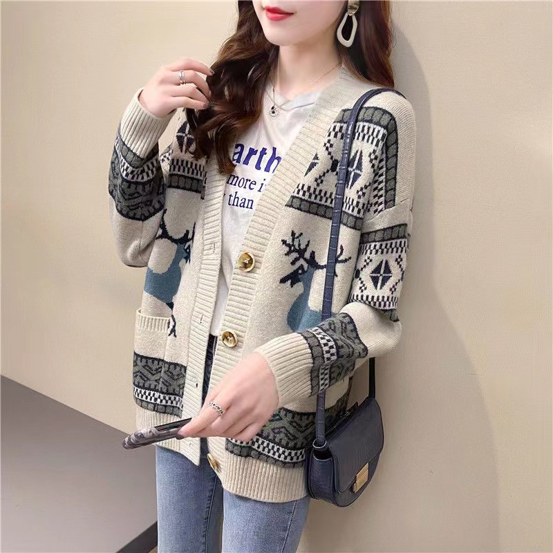 Women Loose Plus Size Animal Jacquard Viscose Soft Casual V-Neck Cardigan Knitwear Sweater – Sweater Jumper and Sudaderas price|S