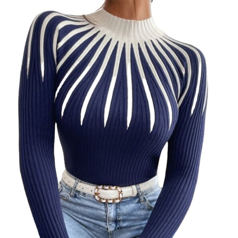 Womens Closet Boho Blue White Abstract Knit Mock Neck Sweater for Women Colorblock Mock Neck Sweater – Knitwear and Knitted Sweater Knitwear price|S, Customized
