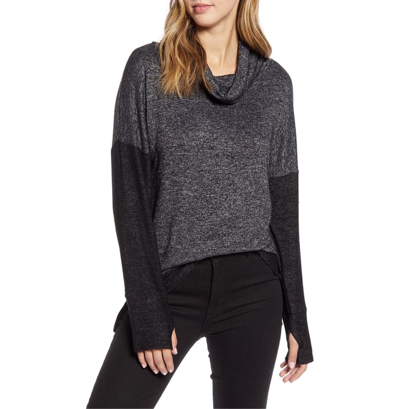 Cowl Neck Contrast Thumbhole Cuff Sleeve French Terry Pullover Sweater – Fashion Sweaters and Fashion Cotton Sweaters price|S