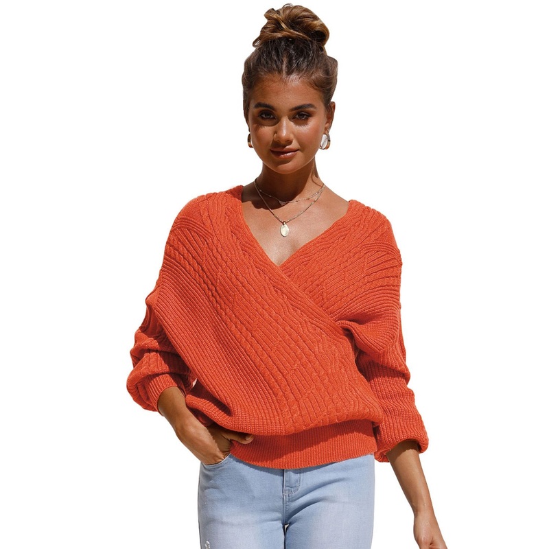 Fashionable Women Costume Orange Wrap Front V Neck Lantern Sleeve Textured Sweater – Ladies Pullover Sweater and V Neck Sweater price|S, S, M, L, XL, XXL