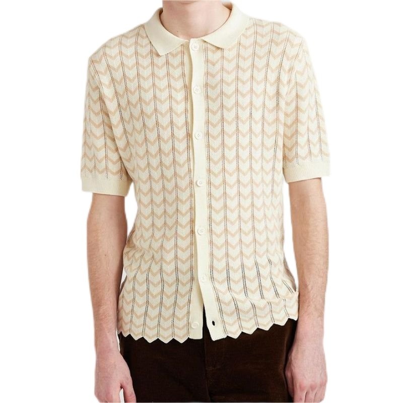 Holiday Mens Wholesale Lapel Jacquard Sweater Shirt Mens Knit Tops Button Cardigan Custom Knit Short Sleeve Sweater for Men – Striped Sweater and Customized Factory Sweaters price|S, S/M/L/Customized Size