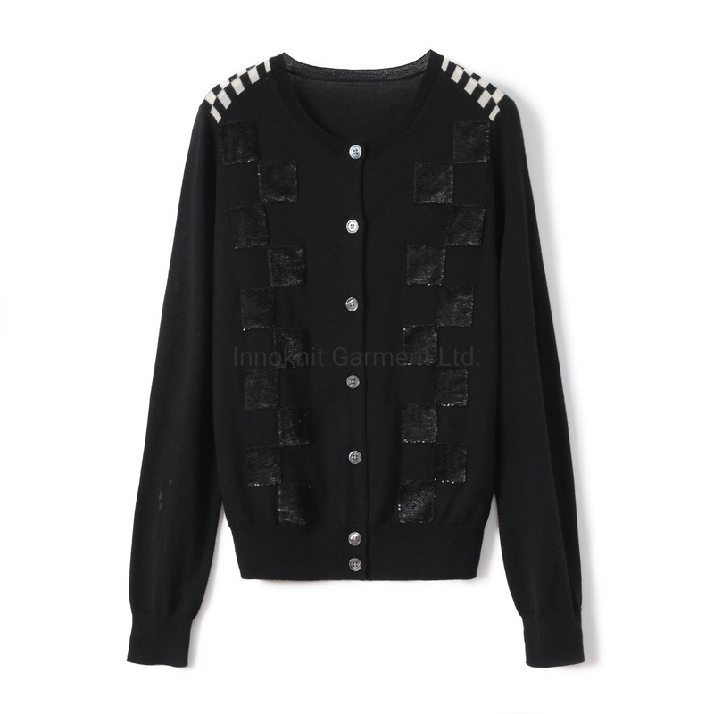 Ladies Knitted Round Neck Long Sleeves Cardigan with Sequines Embroidery – Sweater Embroidery Cardigan price|S