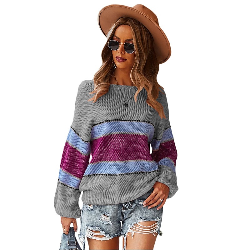 New Arrived Womens Gray Colorblock Stripe Print Loose Sweater – Womens Loose Sweater and Colorblock Sweater price|S, S, M, L, XL, XXL