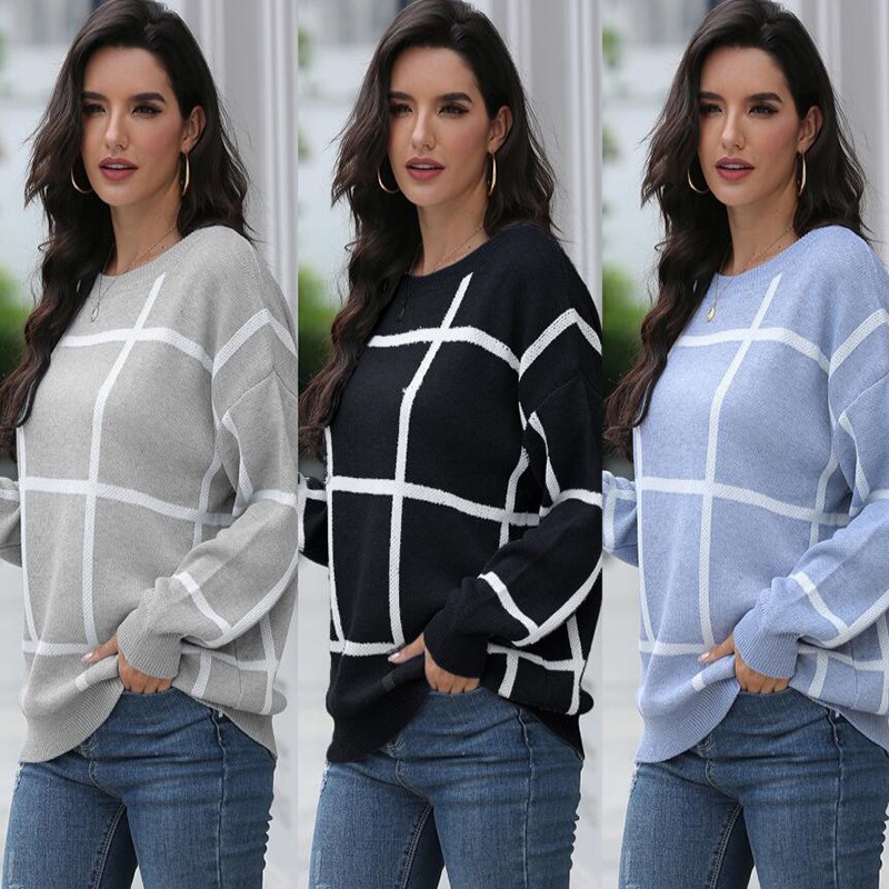 Winter Fashion Women Plaid Print Round Neck Pullover Loose Knit Sweater – Autumn Winter Women Sweater and Fashion Sweater price|S, S, M, L, XL