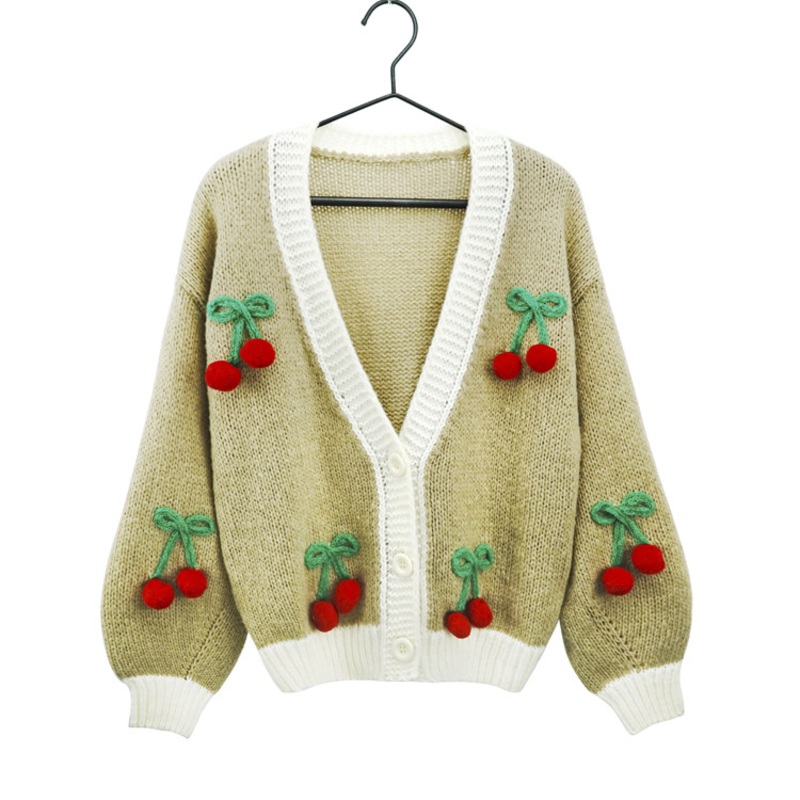 Women Crochet V Neck Sweater Women Handmade Flower Cherry Embroidery Cardigan – Woman Sweaters and Strawberry Cardigan price|S