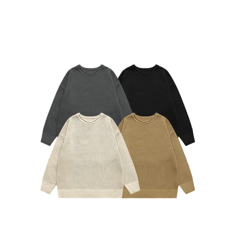 American Mesh Hole Waste Earth Style Loose Crew Neck Sweater for Men – Vertical Knit Sweater and Solid Color Sweater price|S,M,L,XL