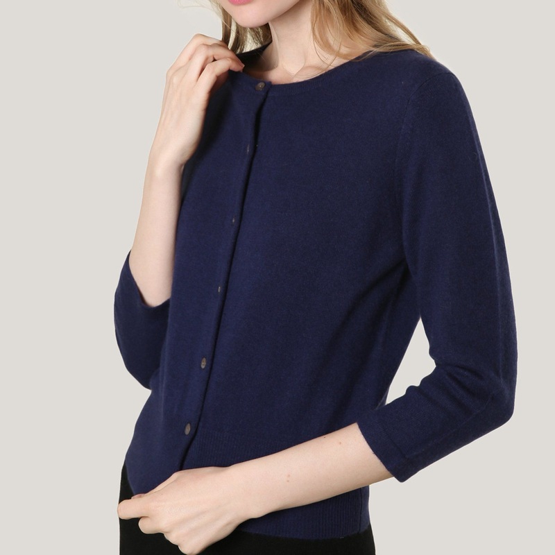 Cashmere Crew Neck Three-Quarter Sleeve Navy Cardigan – Cashmere Cardigan and Women Cardigan price|S