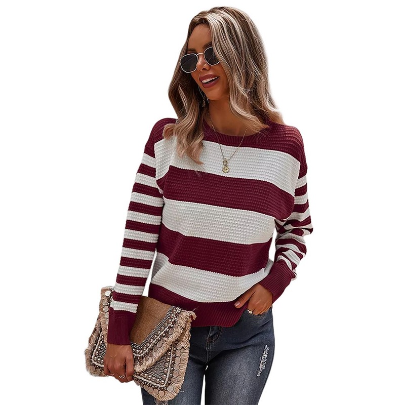 Factory Wholesale Wine Red Stripe Print Long Sleeve Sweater for Ladies – Sweater for Ladies and Long Sleeve Sweater price|S, S, M, L, XL, XXL