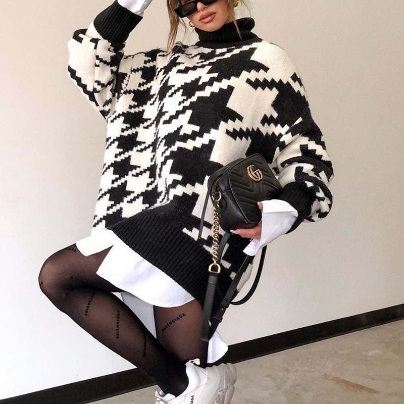 Fall Clothing for Women Houndstooth Knitwear Ladies Oversize Sweater Turtleneck Sweater Apparel Stock – Knit Sweater and Clothes price|S