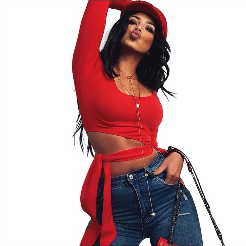 Fashion Hollow out Bodycon Tops Bandage Long Sleeve Round-Necked Slim Lace-up Outfit Crop Top Women Blouse – Women and Leisure price|S