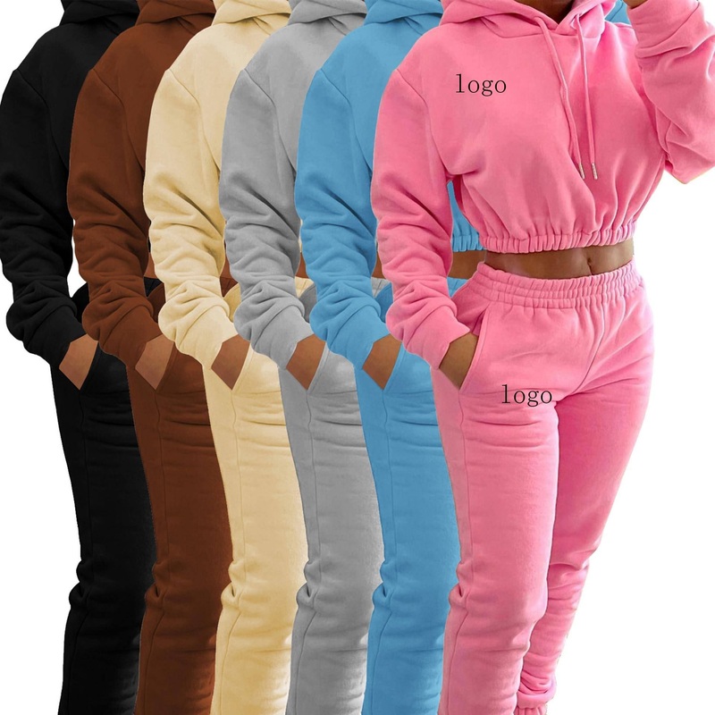 Joggers Cropped Custom Logo Crop Top Hood Sweatshirts Sweatpants Blank Heavy Hoodies Sets Women Clothing Women Fall Outfits 2022 – Women Hoodie and Women Sweater price|S