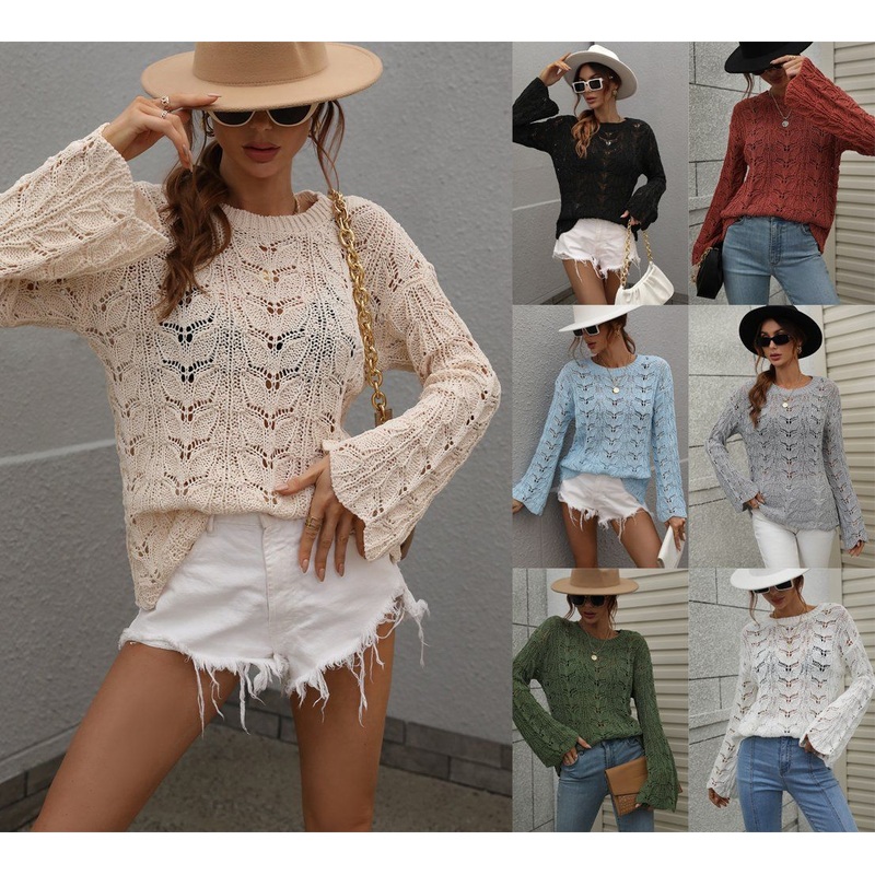 Knitted Solid Color Leaves Beach Knitear Pullover Clothing Ladies Spring Trumpet Sleeves Round Neck Hollow out Women Loose Sweater – Woman Sweaters and Hollow Sweater price|S