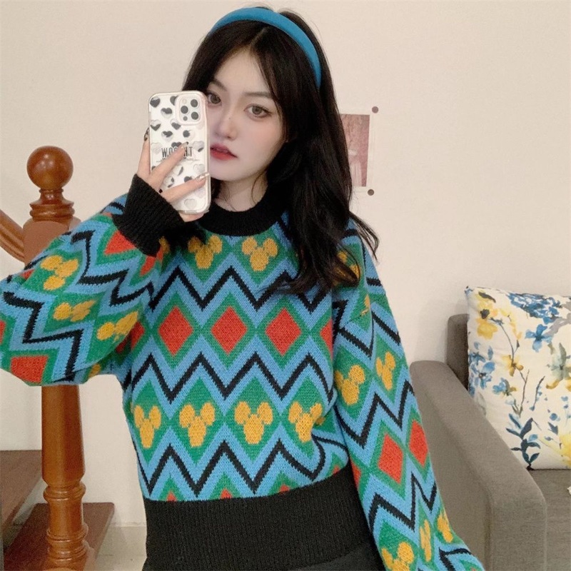 Pb&Za Womens Wholesale Blue Patchwork Jacquard Sweater – Designer Sweater and Sweaters for Women price|S, S . M . L