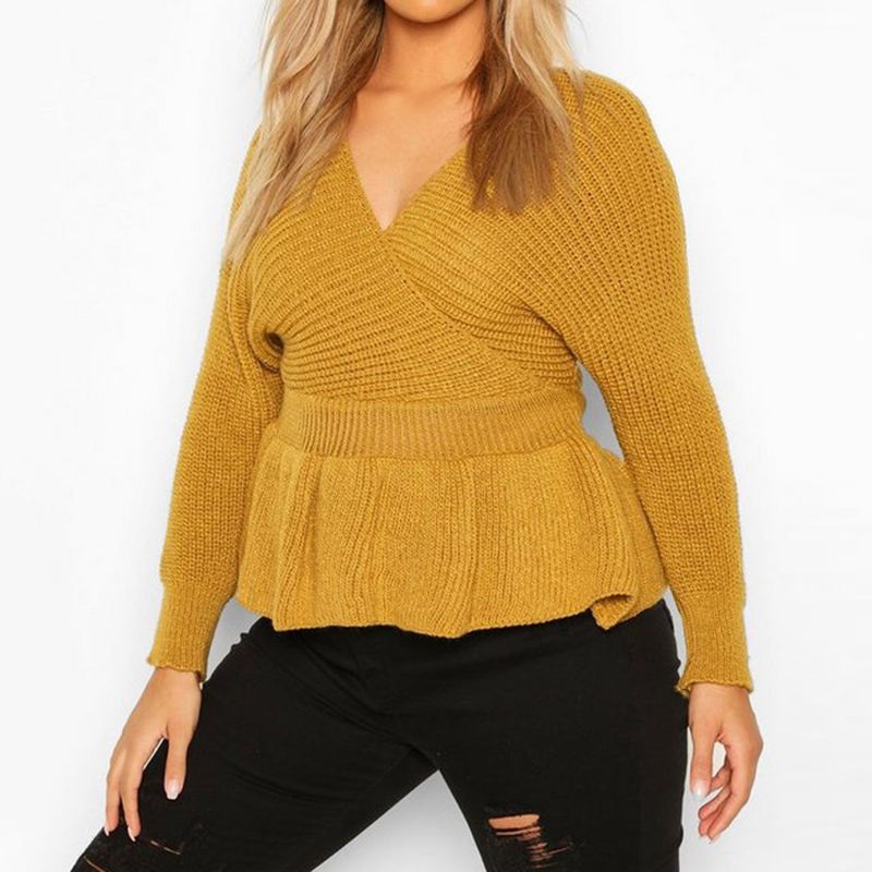 Plus Knitted Wrap Peplum Sweater – Women and Long Sleeve price|S
