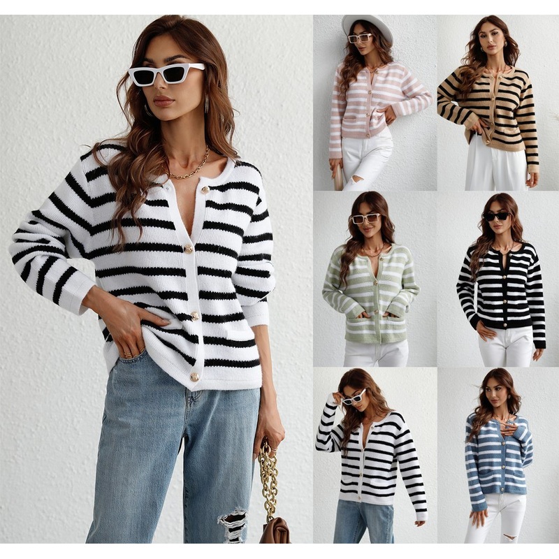 Wholesale Fashion Women S Clothing Classic Casual Street Custom Women Single Breasted Striped Sweater Cardigan – Woman Sweaters and Striped Sweater price|S