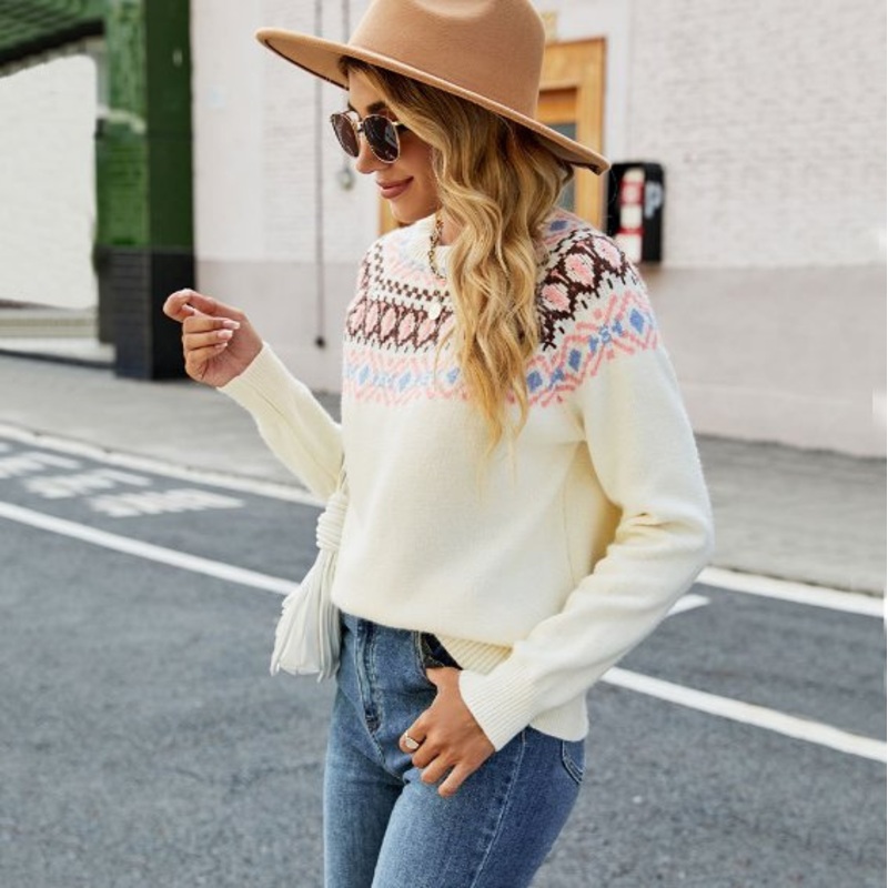 Women Retro Jacquard Color Blocked Round Neck Sweater – Retro Jacquard Sweater and Color Blocked Sweater price|S