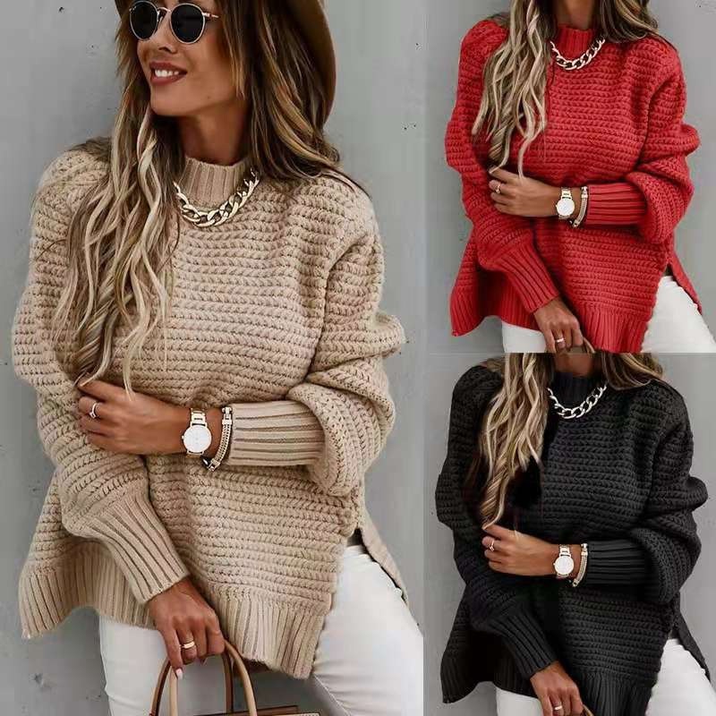 Women S Sweater Pure Color Side Split Knitting a Sweater – Women and Leisure price|S