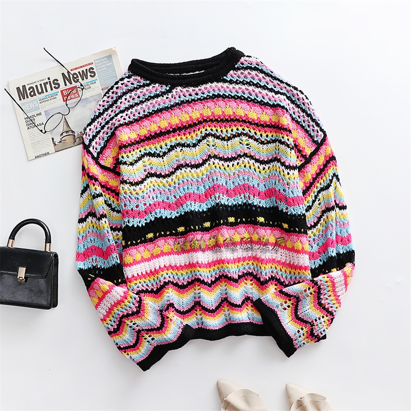 Womens Striped Knitted Shirt Beachwear Casual Long Sleeve Soft Lightweight Crewneck Sexy Tops Hollow out Sweater – Long Sleeve Sweaters and Beachwear Sweater price|S