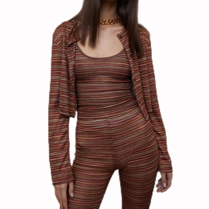 Autumn Casual Ladies Undershirt Cardigan Knitted Pants Three-Piece Knit Sweater Set – Ladies Sweater and Striped Sweater price|S, S/M/L/Customized Size