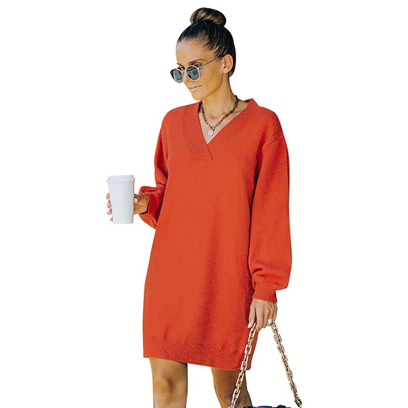 Autumn Winter Fashion V Neck Long Sleeve Loose Mini Pullover Sweater Dress – Sweater Dress and V Neck Sweater price|S, S, M, L, XL