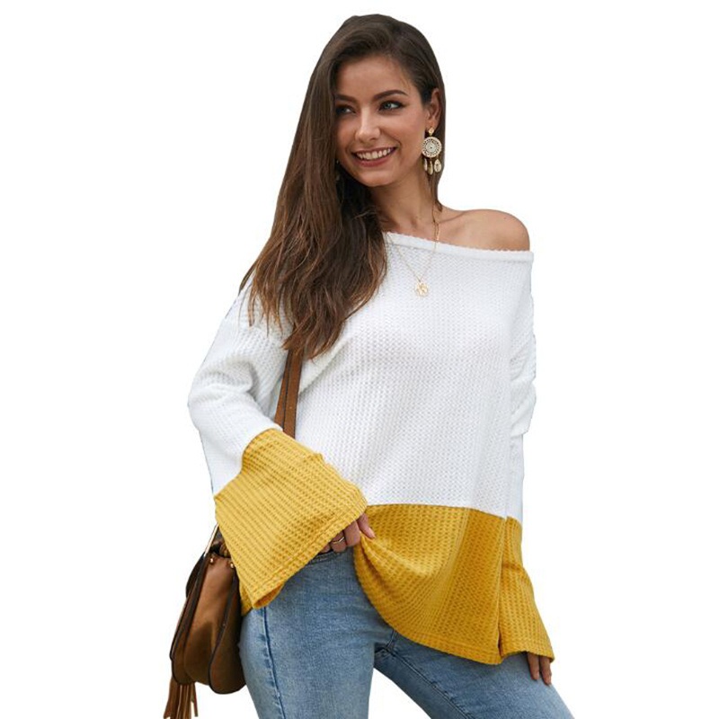 Autumn Winter off Shoulder Contrast Color Pullovers Patchwork Knitted Tops Women Sweaters – Autumn Winter Sweater and Fashion Sweater price|S, S, M, L, XL