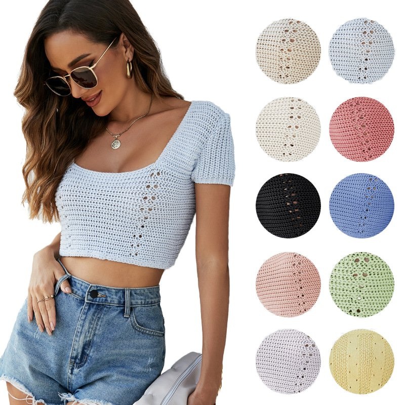 Customized Womens Wholesale Summer New Backless Tops Sexy Short Knit Short Sleeve Knitwear – Customized Factory Sweaters and Summer Fashion Tops price|S, S/M/L/Customized Size