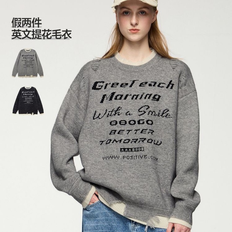 Fake Two English Jacquard Fashion Street Knitwear Loose Sweater – Knit Sweater and Autumn/Winter Fashion Knitwear price|M, L, XL