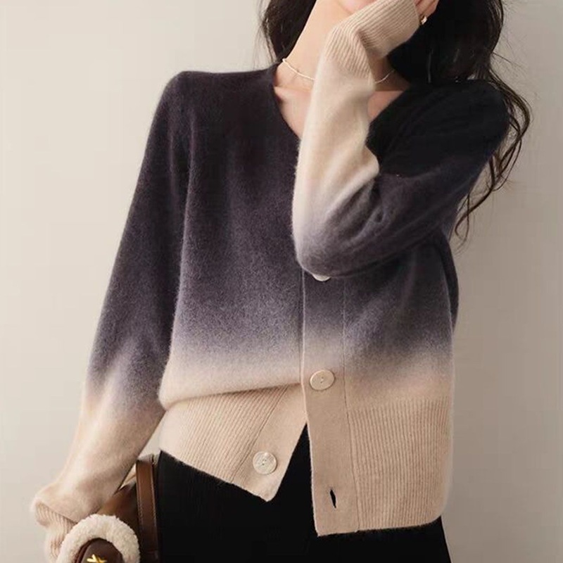 Fashion Gradual Change Crew Neck Knitted Cardigan Wool Sweater Women Clothing – Sweater and Knitwear price|S