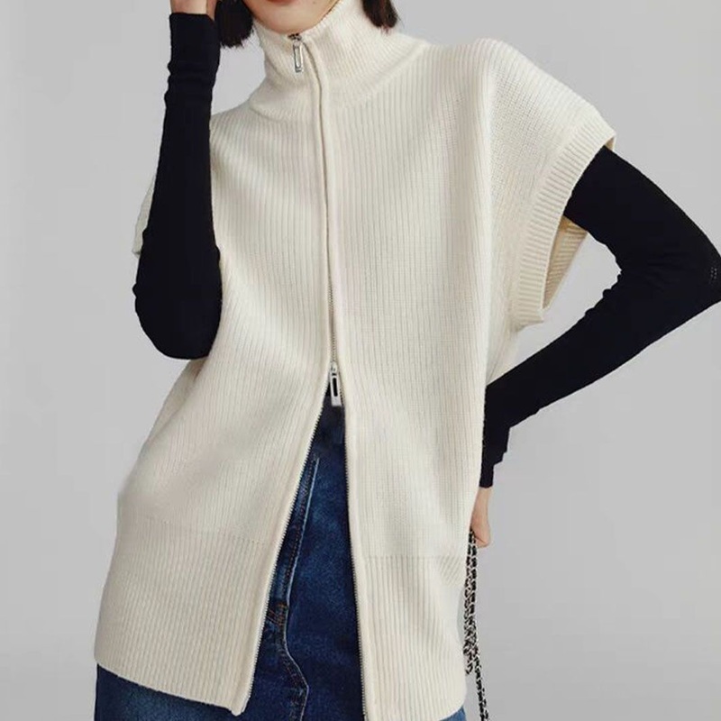 Fashion Tutleneck Double-Zipper Wool Sweater Sleeveless Women Knitted Cardigan Sweater – Knitwear and Tnak price|S
