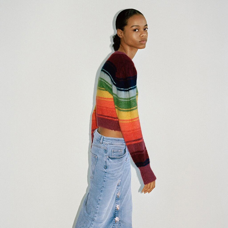 High Quality Jacquard Knit Crop Top Sweater Women Winter Puff Sleeve Striped Cropped Mohair Sweater – Women Clothes and Clothing price|S