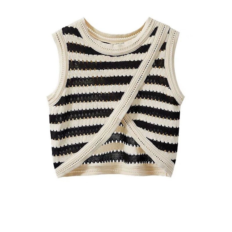 Hollow out Crossing Sweater Vest Striped Jacquard Knitted Pullover Women Clothing – Women Clothing and Knitwear price|S
