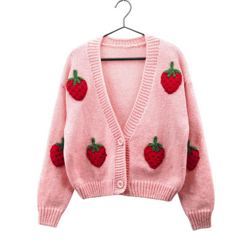 Winter New Handmade Embroidered Sweater Women Fashion Design Strawberry Long Sleeve Knitted Crochet Cardigan – Woman Sweaters and Strawberry Cardigan price|S