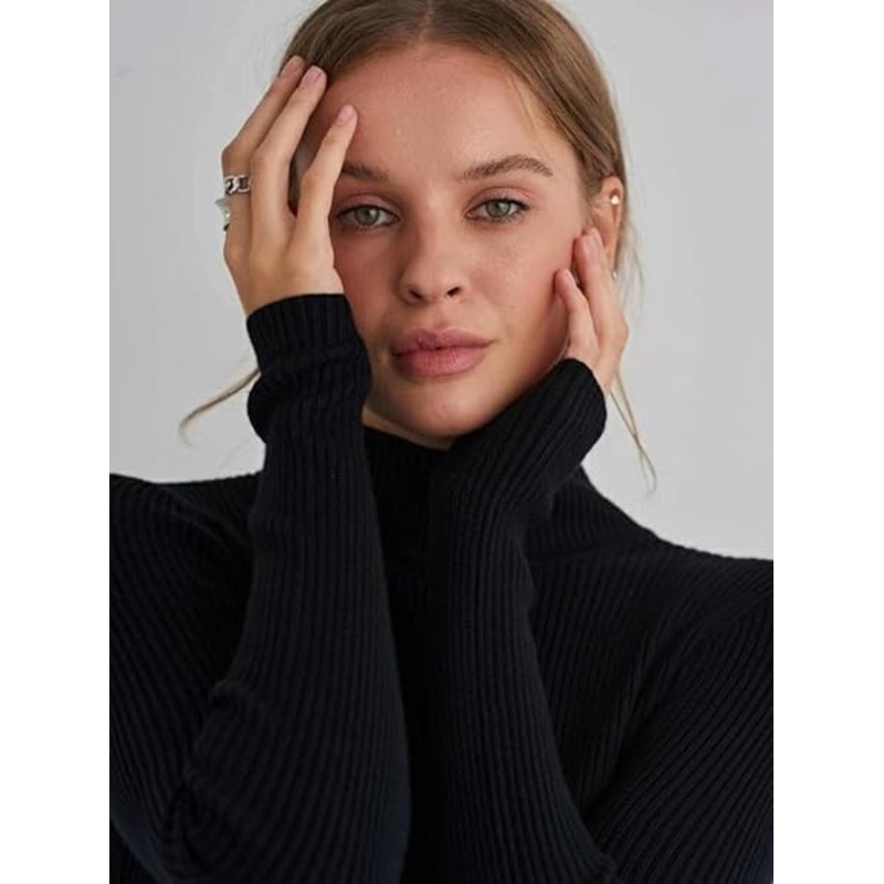 Womens Long Sleeve Jumpers Half Turtleneck Soft Ribbed Knitted Sweater Pullover Slim Fit Lightweight Sweatshirt Top Fall Winter Warm Stretch Pullover Tops – Knitwear Pullover and Soft Warm price|M