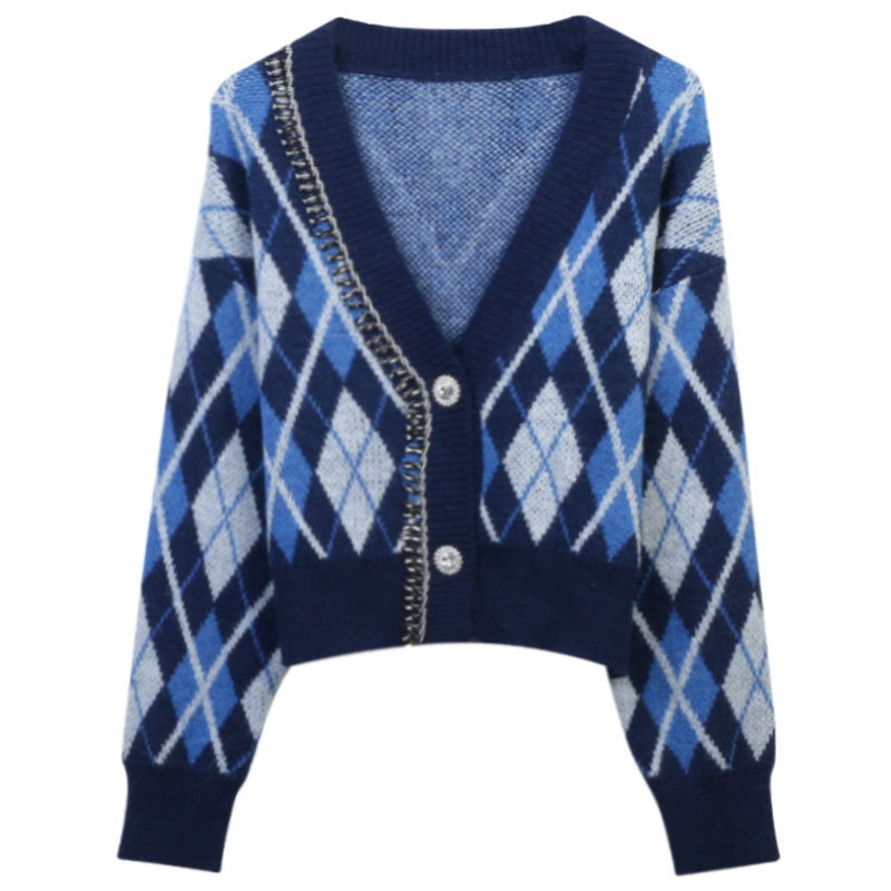 Argyle Jacquard Computer Knitted Mohair Wool Cardigan Sweater Women Handmade Beading Knitwear – Mohair Sweater and Sweater Cardigan price|S