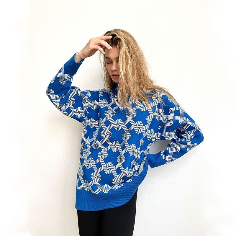 Autumn Winter New Women Top Graphic Design Loose Knit Turtleneck Pullover Sweaters – Pullover Sweater and Turtleneck Sweater price|S