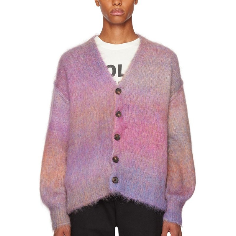 Customizable Fabrics Premium Mohair Cardigan Men Lantern Sleeve V-Neck Sweatshirt Men Gradient Color Single-Breasted Men Sweater – Mens Sweater and Striped Sweater price|S, S/M/L/Customized Size